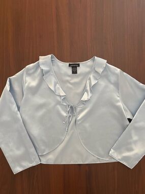 Y2K satin bolero shrug in a soft icy blue